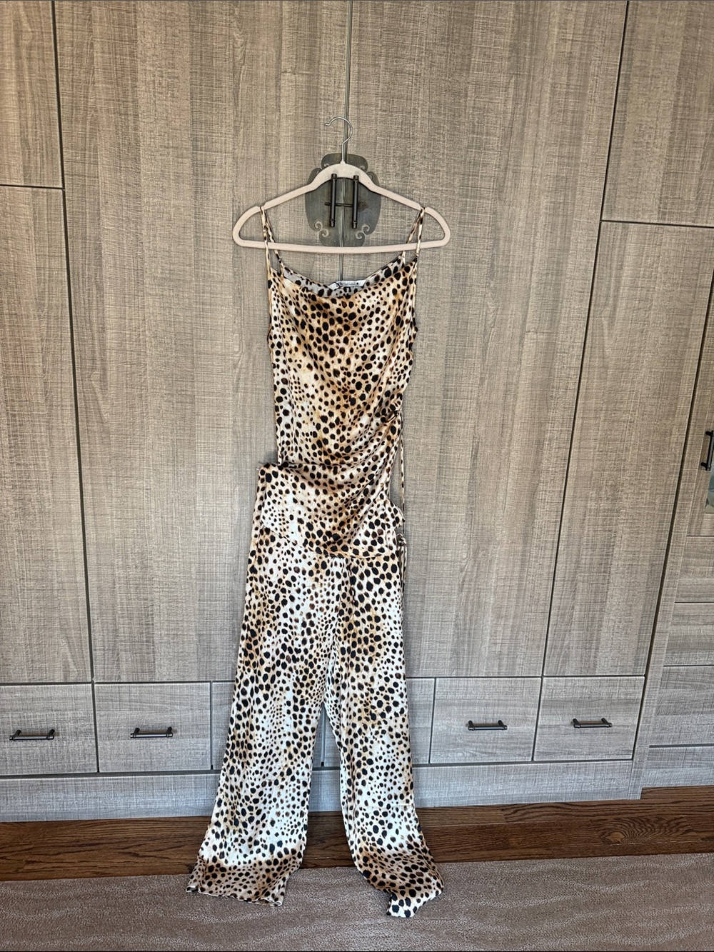Animal Print Spaghetti Strap Cami Top & Wide Leg Pants Coord Set